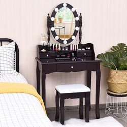 oval mirror vanity set with 10 led dimmable bulbs & 3 drawers adjustable brightness & ample storage