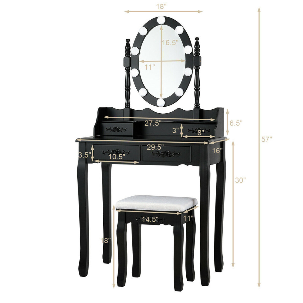 Makeup Dressing Table with Touch Switch Lighted Mirror & Cushioned Stool Elegant Vanity Desk with LED Lights & Storage
