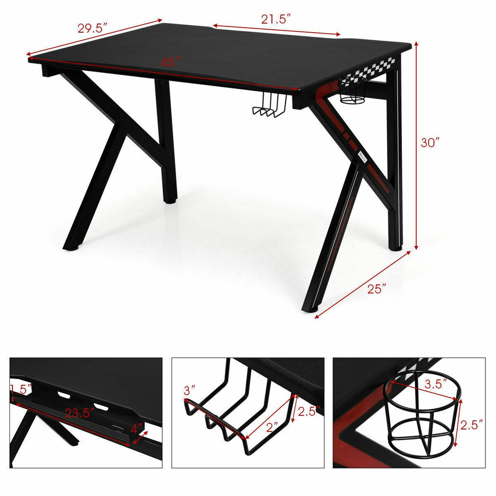 K-Shaped Gaming Desk with Cup Holder & Headphone Hook Sturdy, Spacious Design for Gamers