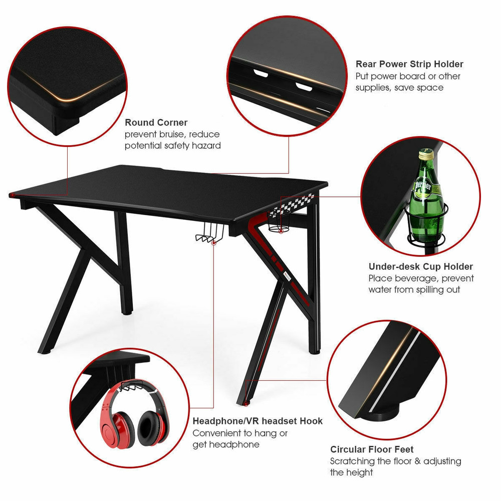 K-Shaped Gaming Desk with Cup Holder & Headphone Hook Sturdy, Spacious Design for Gamers