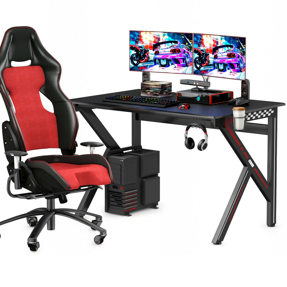 K-Shaped Gaming Desk with Cup Holder & Headphone Hook Sturdy, Spacious Design for Gamers