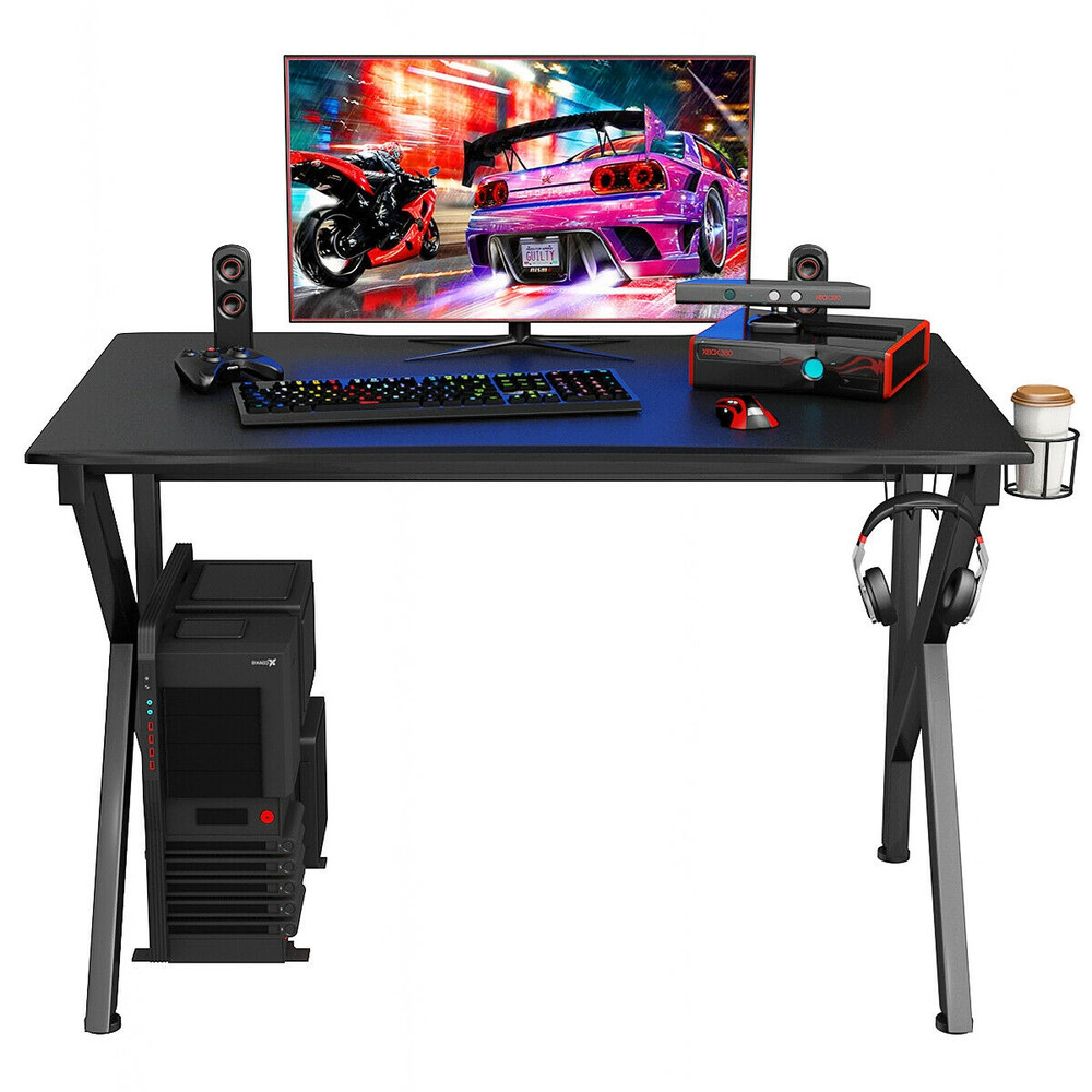K-Shaped Gaming Desk with Cup Holder & Headphone Hook Sturdy, Spacious Design for Gamers