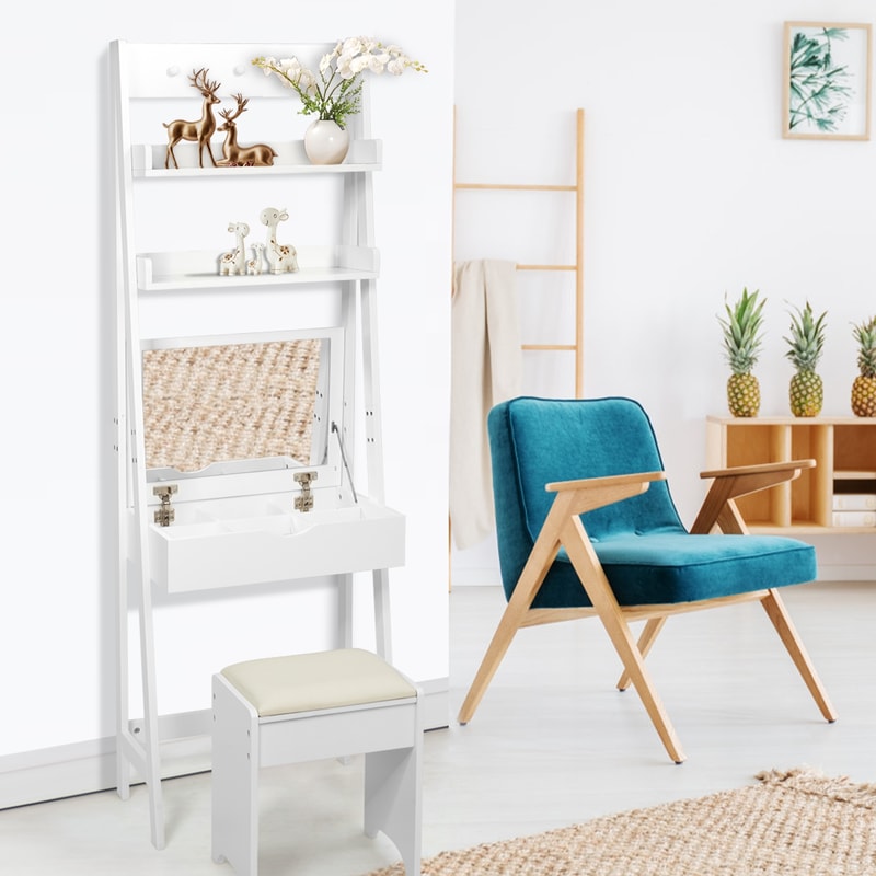 3 in 1 Modern Shelf Vanity Set with Flip Top Mirror & 6 Makeup Organizers Space-Saving Beauty Desk