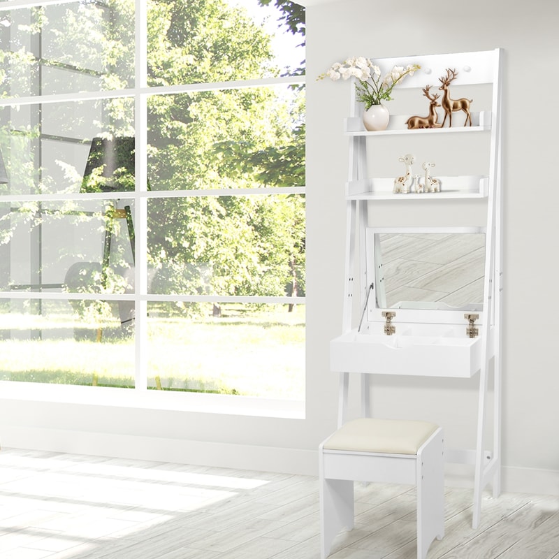 3 in 1 Modern Shelf Vanity Set with Flip Top Mirror & 6 Makeup Organizers Space-Saving Beauty Desk