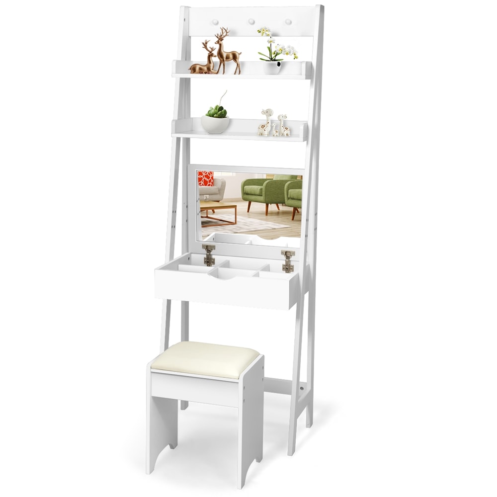 3 in 1 Modern Shelf Vanity Set with Flip Top Mirror & 6 Makeup Organizers Space-Saving Beauty Desk