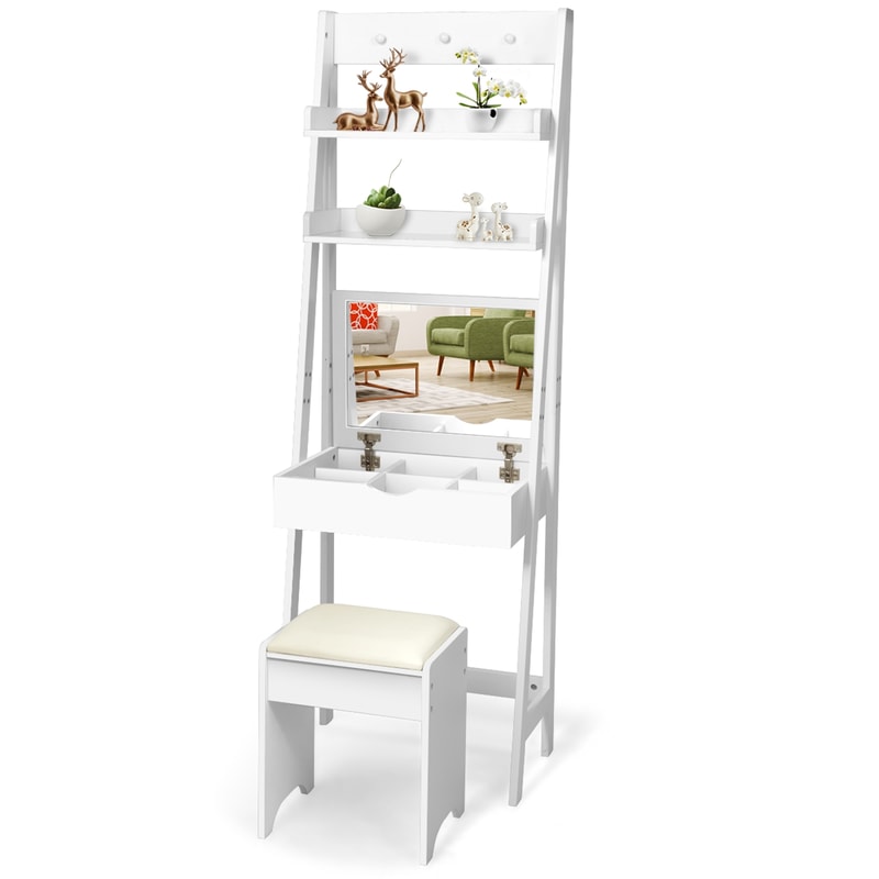 3 in 1 Modern Shelf Vanity Set with Flip Top Mirror & 6 Makeup Organizers Space-Saving Beauty Desk