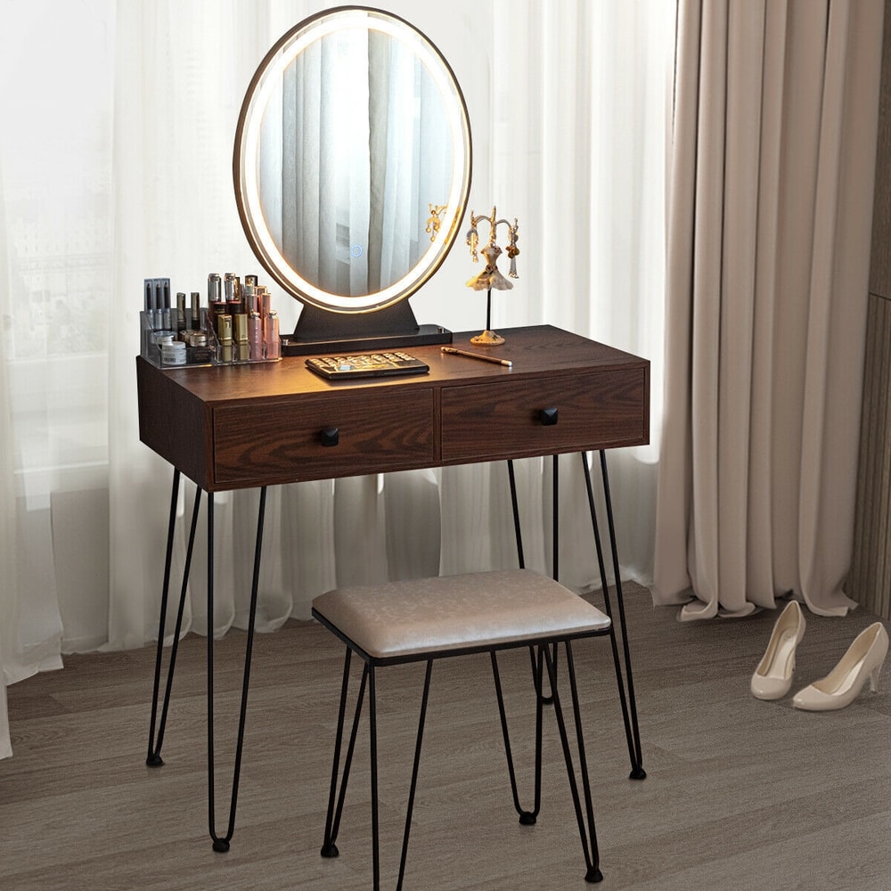 Industrial Makeup Dressing Table with 3 Lighting Modes, LED Mirror Vanity Set with Drawers & Stool for Bedroom