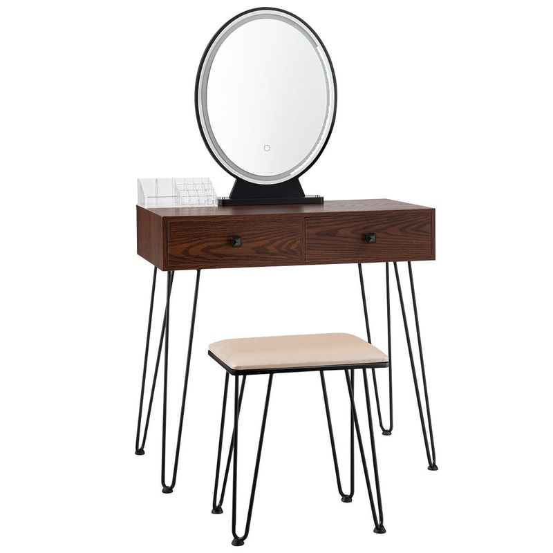 Industrial Makeup Dressing Table with 3 Lighting Modes, LED Mirror Vanity Set with Drawers & Stool for Bedroom