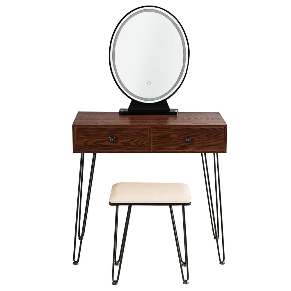 Industrial Makeup Dressing Table with 3 Lighting Modes, LED Mirror Vanity Set with Drawers & Stool for Bedroom