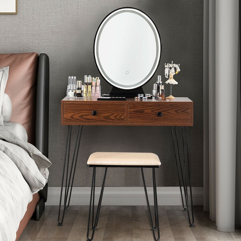 Industrial Makeup Dressing Table with 3 Lighting Modes, LED Mirror Vanity Set with Drawers & Stool for Bedroom
