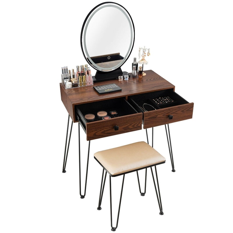 Industrial Makeup Dressing Table with 3 Lighting Modes, LED Mirror Vanity Set with Drawers & Stool for Bedroom