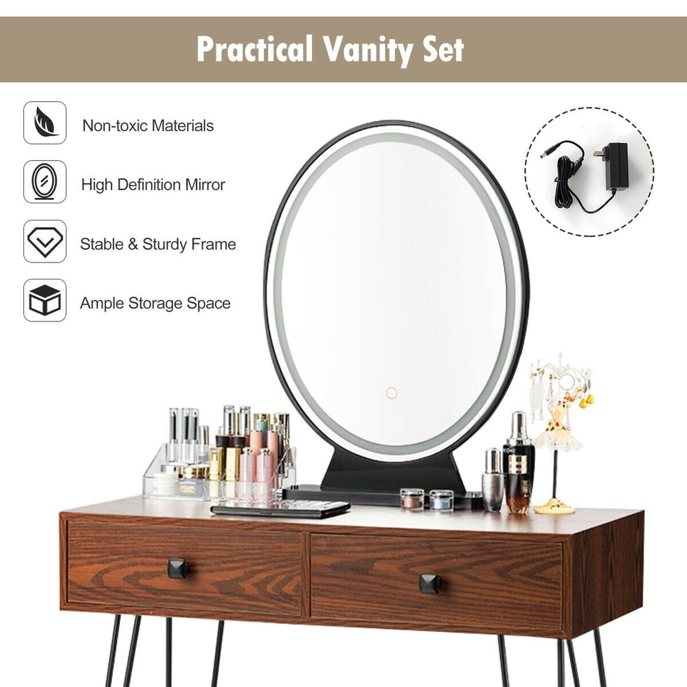 Industrial Makeup Dressing Table with 3 Lighting Modes, LED Mirror Vanity Set with Drawers & Stool for Bedroom