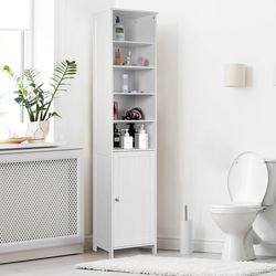 72 inch tall freestanding bathroom storage cabinet with shelves and cupboard for towels, toiletries, and organizing
