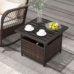 outdoor patio rattan wicker steel side deck table with umbrella hole, weather-resistant pe wicker & storage shelf