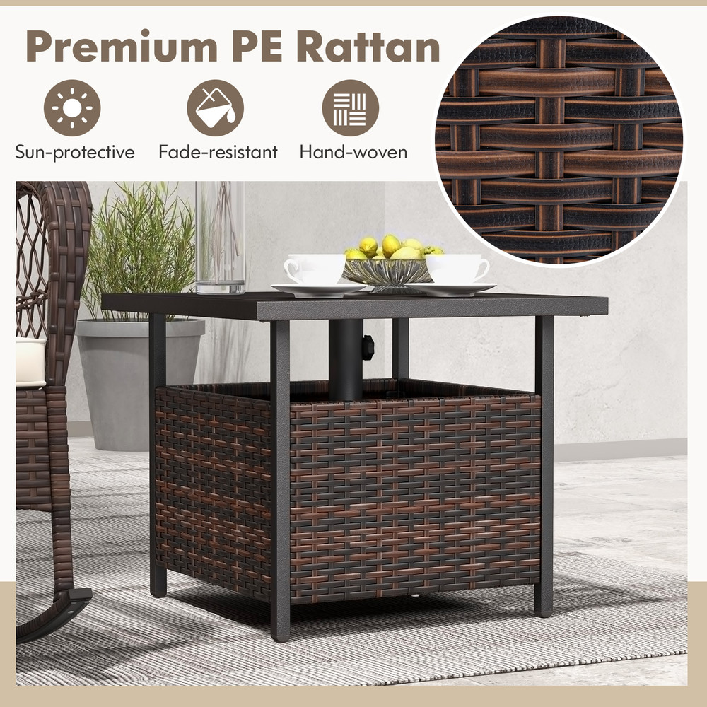 Outdoor Patio Rattan Wicker Steel Side Deck Table with Umbrella Hole, Weather-Resistant PE Wicker & Storage Shelf