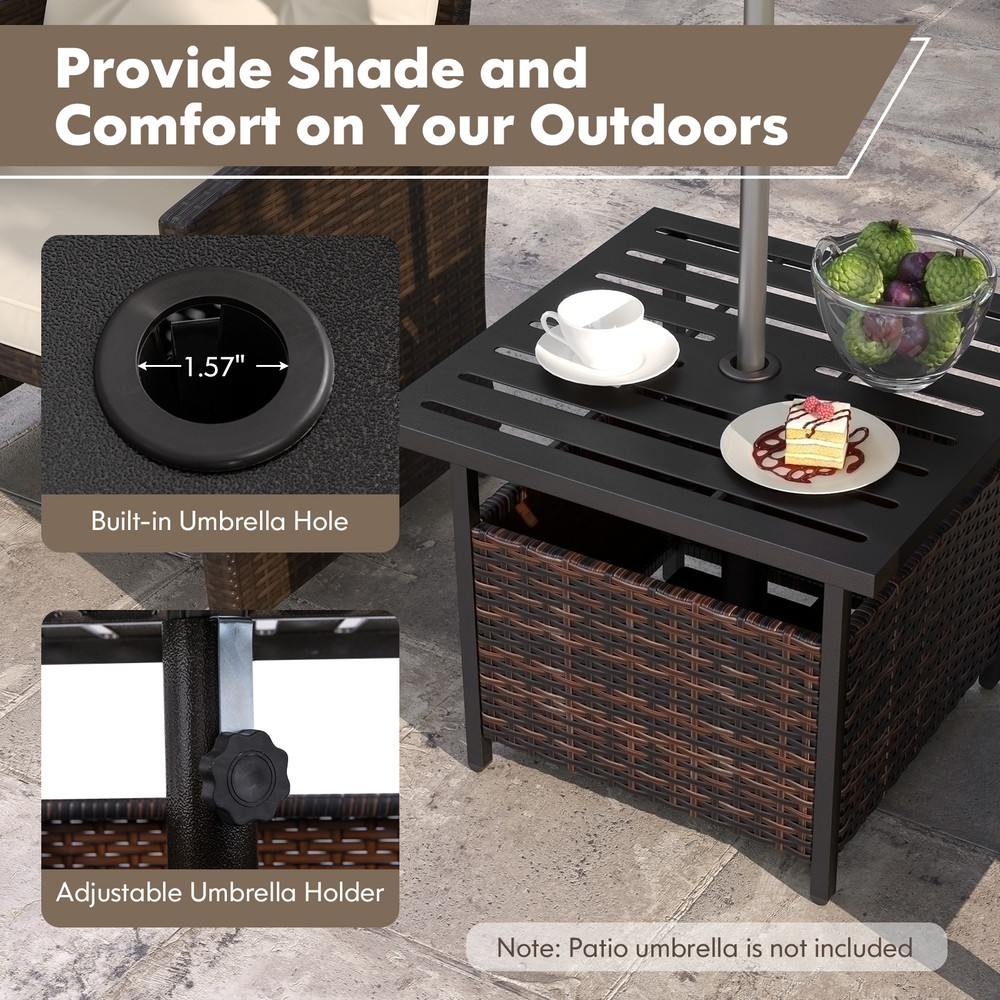 Outdoor Patio Rattan Wicker Steel Side Deck Table with Umbrella Hole, Weather-Resistant PE Wicker & Storage Shelf