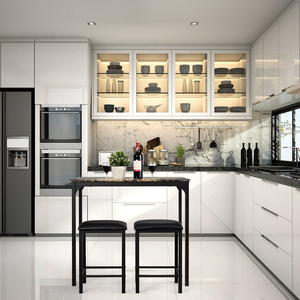 3 Pieces Dining Table Set with Faux Marble Tabletop and 2 Chairs, Small Space Kitchen Breakfast Nook Furniture