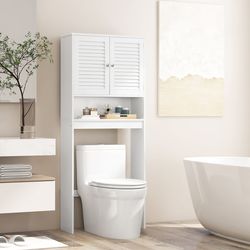 over the toilet storage cabinet with double doors, adjustable shelf, freestanding bathroom organizer space saver