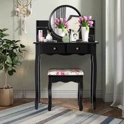 makeup vanity table set with 360° pivoted round mirror, cushioned stool, drawers & shelves for bedroom or dressing room