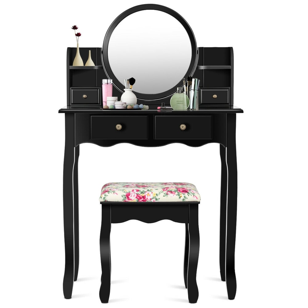Makeup Vanity Table Set with 360° Pivoted Round Mirror, Cushioned Stool, Drawers & Shelves for Bedroom or Dressing Room