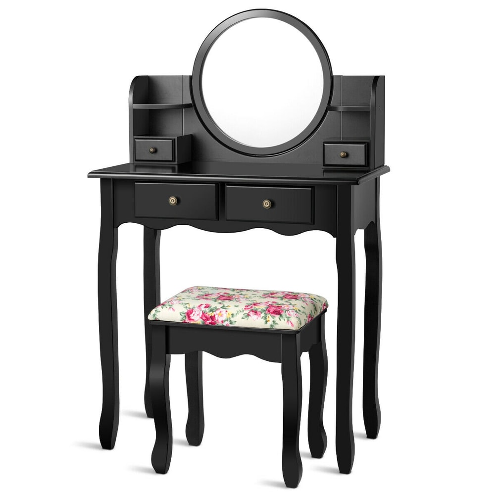 Makeup Vanity Table Set with 360° Pivoted Round Mirror, Cushioned Stool, Drawers & Shelves for Bedroom or Dressing Room