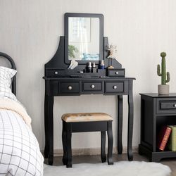 makeup vanity set with mirror and cushioned stool, 5 drawers, rotating mirror, removable top, dressing table