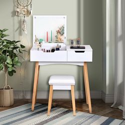 wooden vanity table with flip top mirror and cushioned stool, makeup desk with drawer & organizer for bedroom