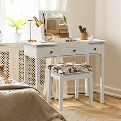 vanity dressing table set with flip top mirror and 3 drawers, makeup desk with storage & stool for bedroom