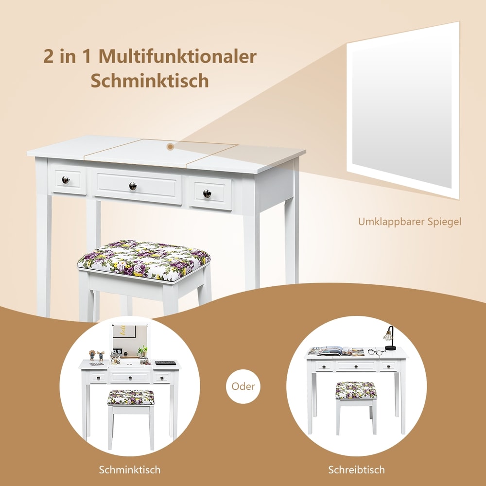 Vanity Dressing Table Set with Flip Top Mirror and 3 Drawers, Makeup Desk with Storage & Stool for Bedroom