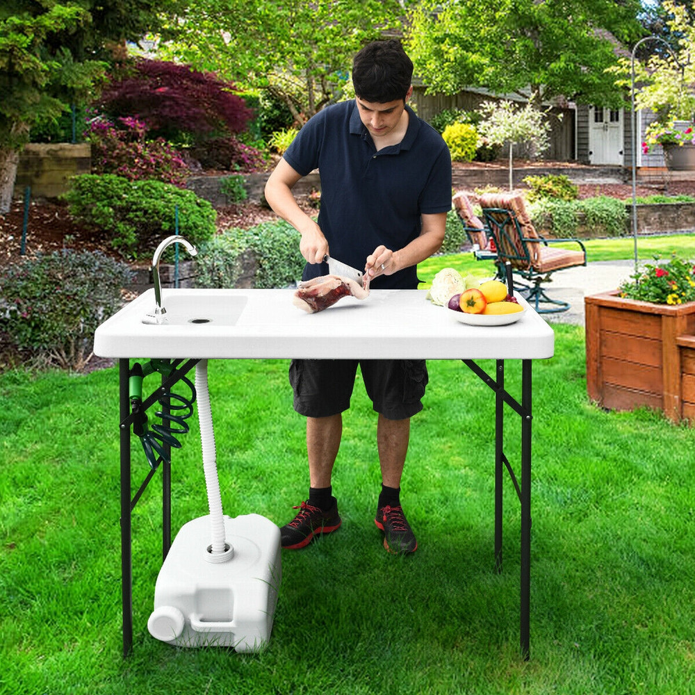 Portable Folding Sink Table with Faucet, Sprayer & Cutting Surface for Camping