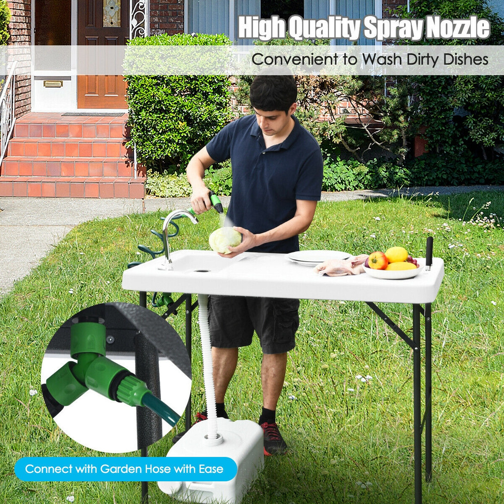Portable Folding Sink Table with Faucet, Sprayer & Cutting Surface for Camping