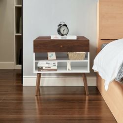 mid-century nightstand with drawer and rubber wood legs retro bedside table with storage shelf for bedroom & living room