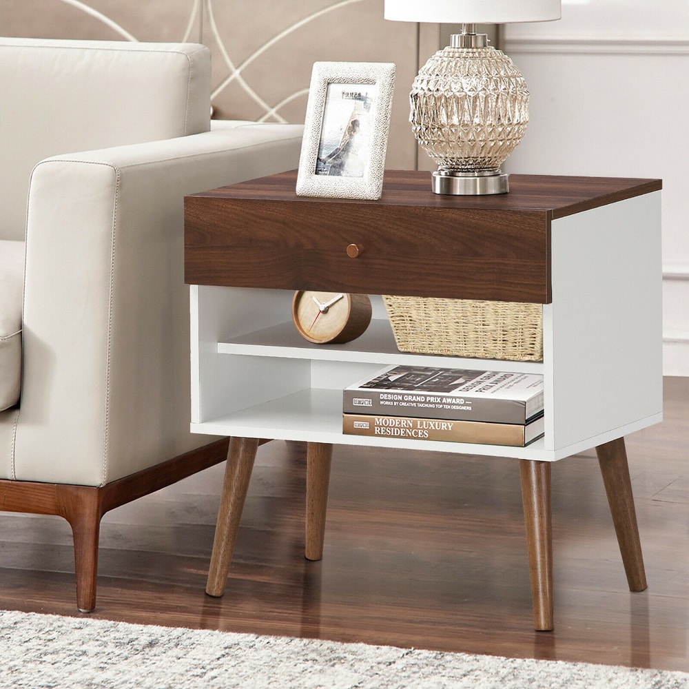 Mid-Century Nightstand with Drawer and Rubber Wood Legs Retro Bedside Table with Storage Shelf for Bedroom & Living Room
