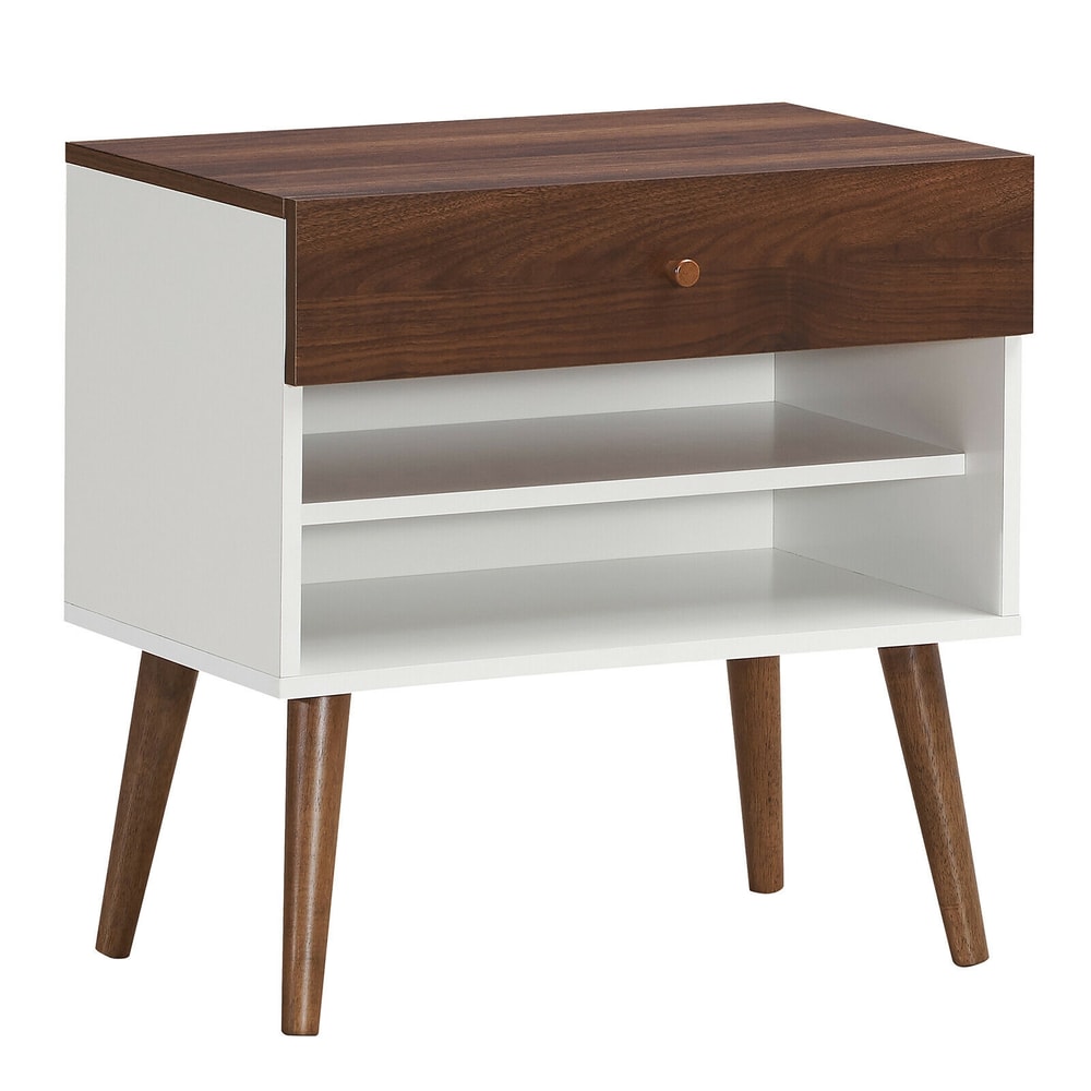 Mid-Century Nightstand with Drawer and Rubber Wood Legs Retro Bedside Table with Storage Shelf for Bedroom & Living Room