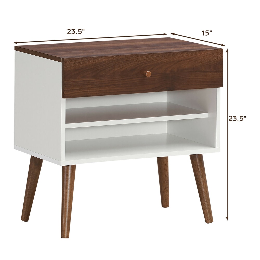 Mid-Century Nightstand with Drawer and Rubber Wood Legs Retro Bedside Table with Storage Shelf for Bedroom & Living Room