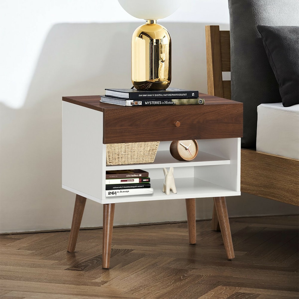 Mid-Century Nightstand with Drawer and Rubber Wood Legs Retro Bedside Table with Storage Shelf for Bedroom & Living Room