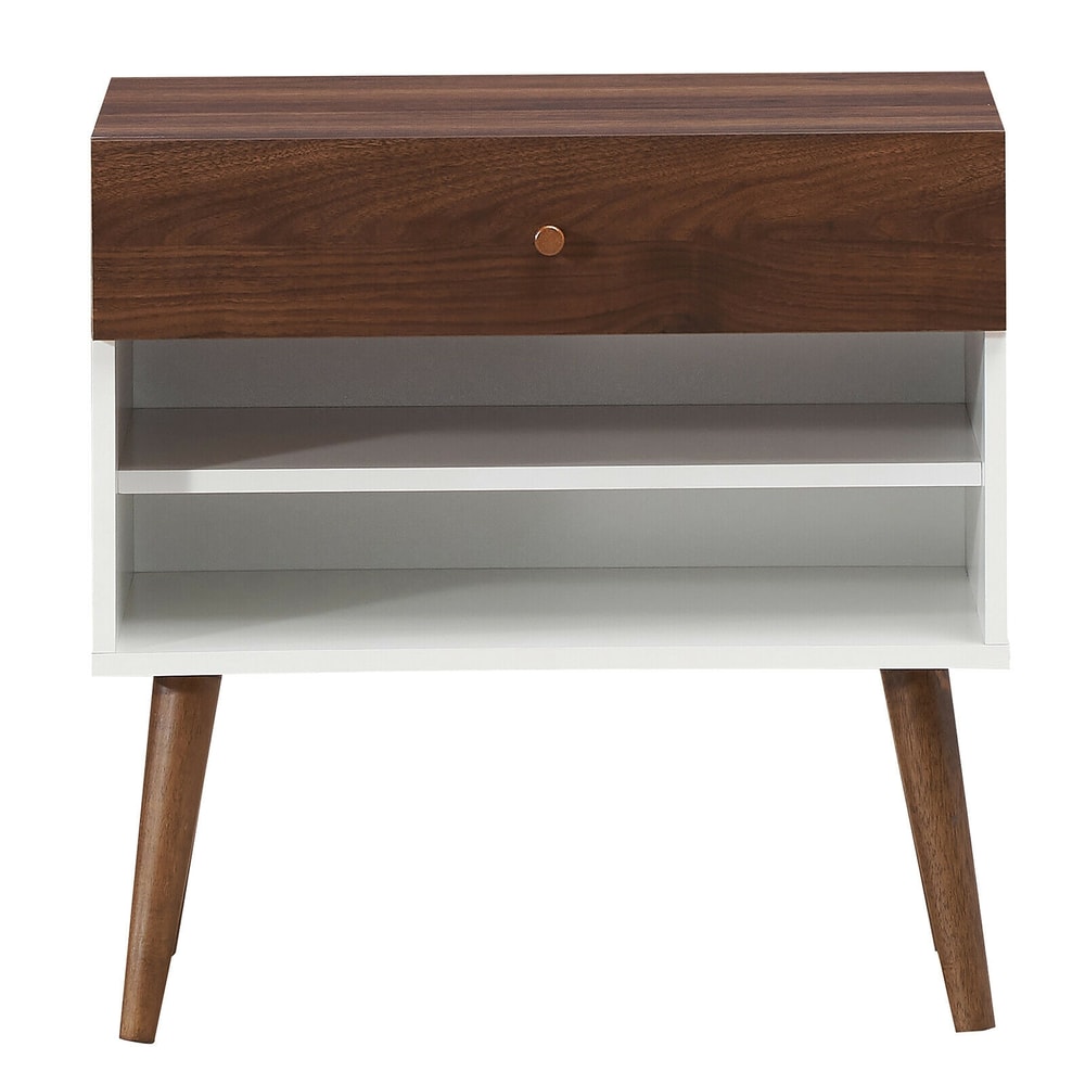 Mid-Century Nightstand with Drawer and Rubber Wood Legs Retro Bedside Table with Storage Shelf for Bedroom & Living Room