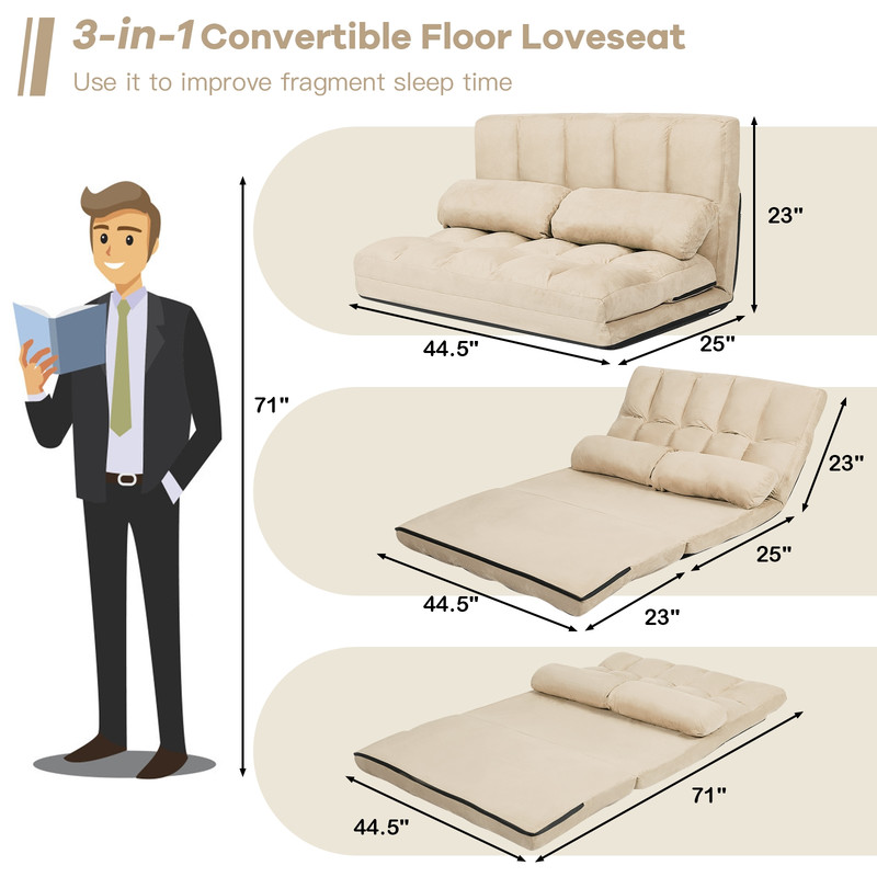 6-Position Foldable Floor Sofa Bed Adjustable Recliner with Pillows, Convertible Gaming Lounge Chair for Bedroom