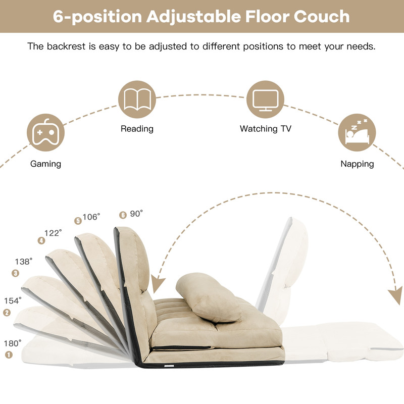 6-Position Foldable Floor Sofa Bed Adjustable Recliner with Pillows, Convertible Gaming Lounge Chair for Bedroom