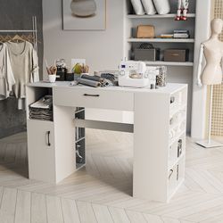 modern counter height sewing & craft table with adjustable shelves, drawer, versatile computer desk for home & office