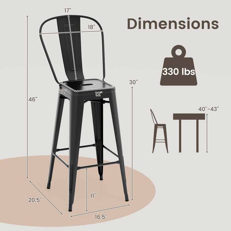 4 Metal Bar Stools With Removable Backrest Stackable Bar Height Chairs For Kitchen Home Bar 3