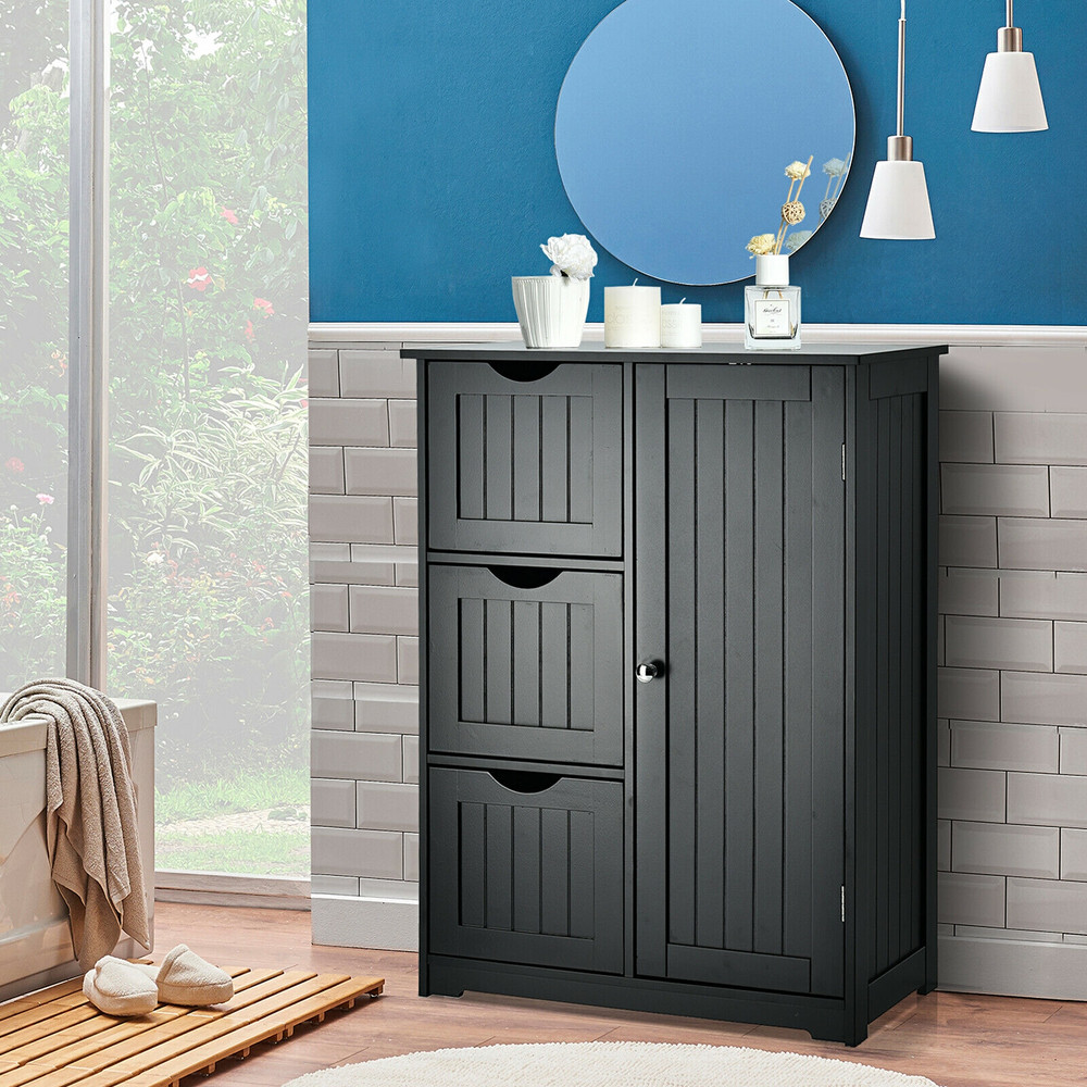 Bathroom Floor Cabinet Side Storage Cabinet with 3 Drawers and 1 Cupboard, Space-Saving Organizer