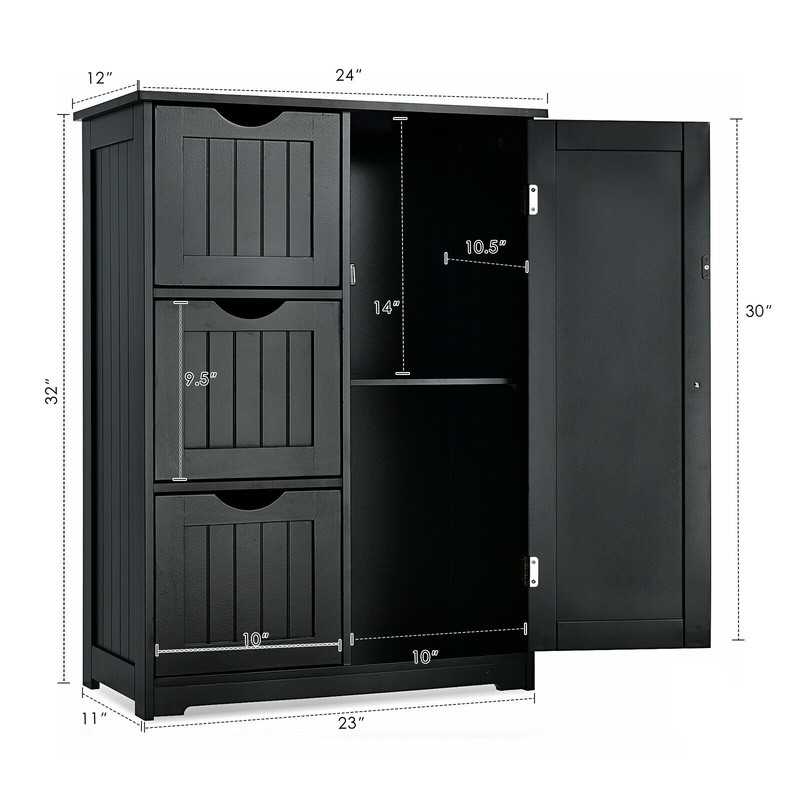 Bathroom Floor Cabinet Side Storage Cabinet with 3 Drawers and 1 Cupboard, Space-Saving Organizer