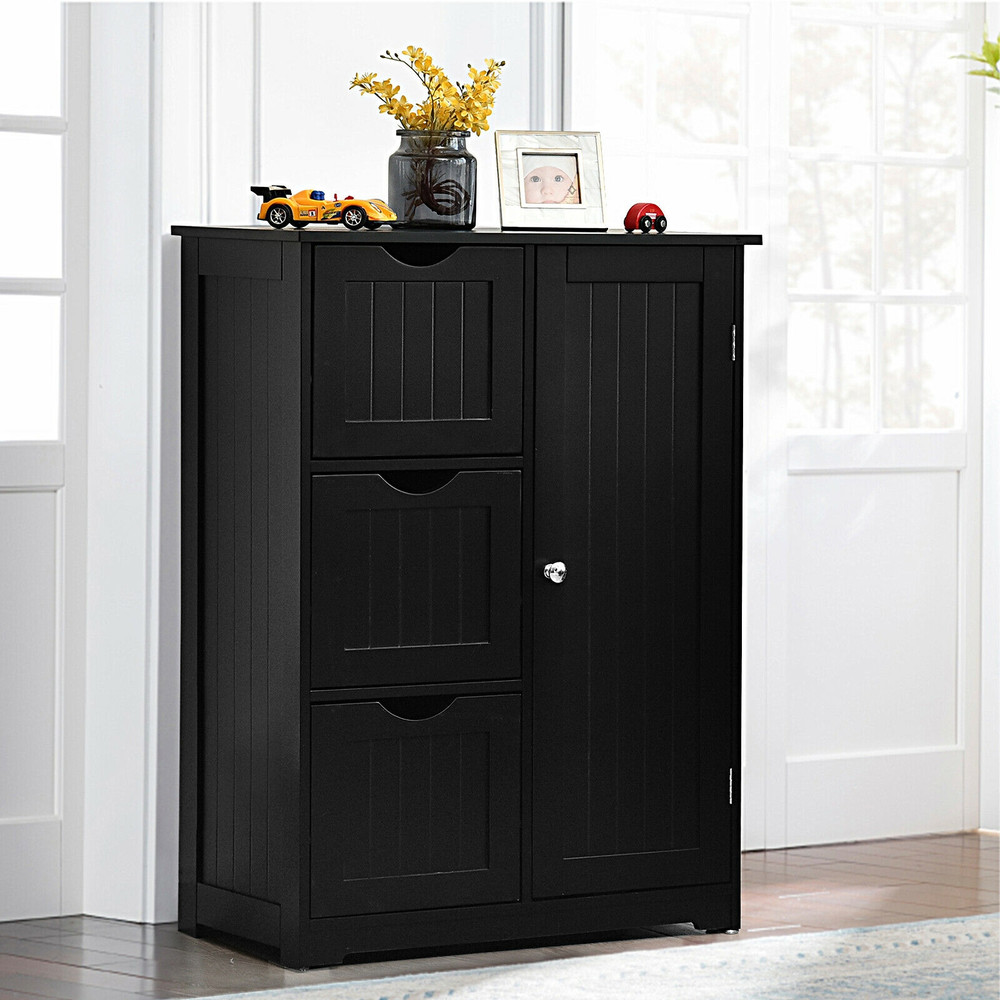 Bathroom Floor Cabinet Side Storage Cabinet with 3 Drawers and 1 Cupboard, Space-Saving Organizer