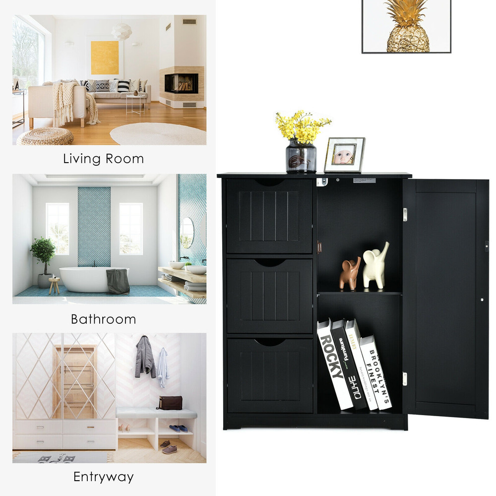 Bathroom Floor Cabinet Side Storage Cabinet with 3 Drawers and 1 Cupboard, Space-Saving Organizer