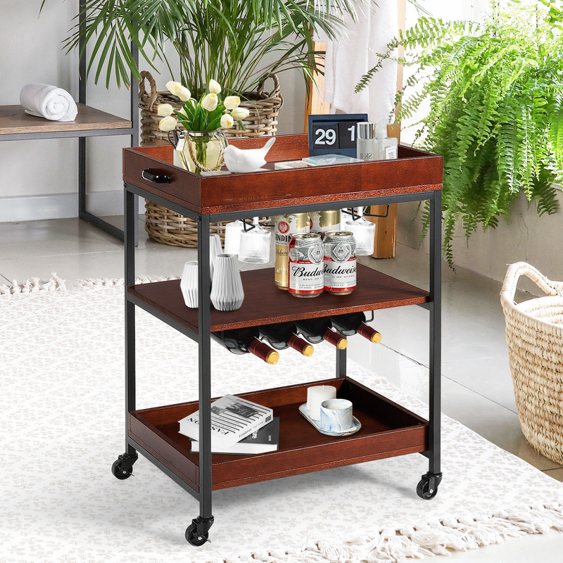 Rolling Tiers Kitchen Island Serving Bar Cart With Wine Bottle Rack And Glasses Holder Rustic Indus 1