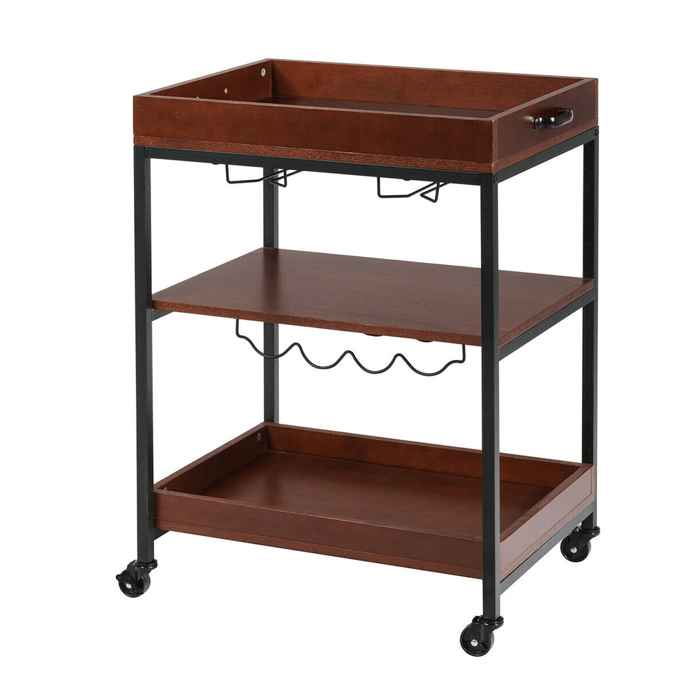 Rolling Tiers Kitchen Island Serving Bar Cart With Wine Bottle Rack And Glasses Holder Rustic Indus 0