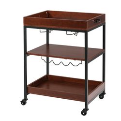 rolling tiers kitchen island serving bar cart with wine bottle rack and glasses holder, rustic industrial mobile storage