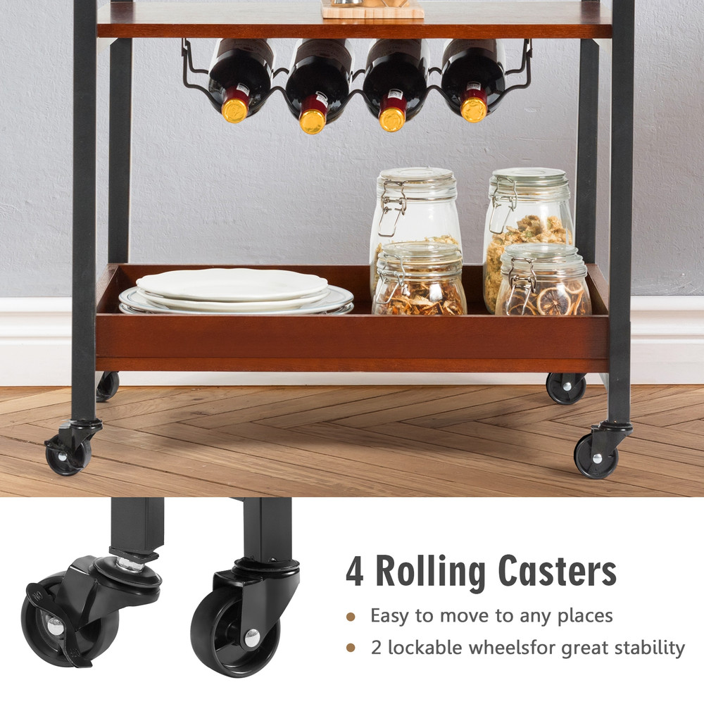 Rolling Tiers Kitchen Island Serving Bar Cart With Wine Bottle Rack And Glasses Holder Rustic Indus 3