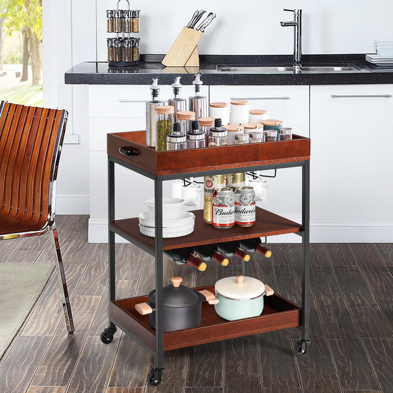 Rolling Tiers Kitchen Island Serving Bar Cart With Wine Bottle Rack And Glasses Holder Rustic Indus 4